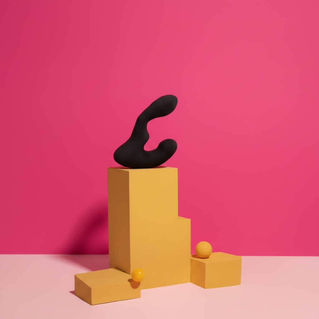 Producto negro sobre fondo fucsia